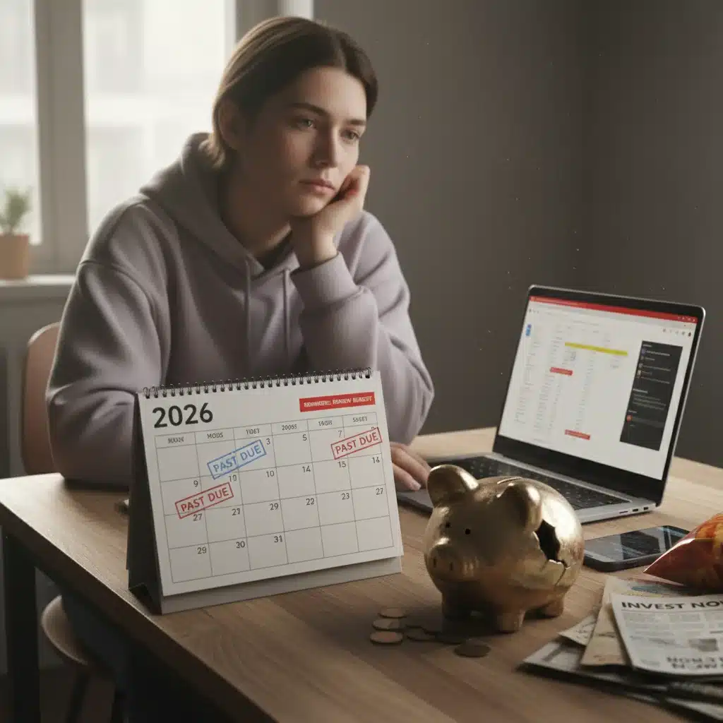 Persona postergando la planificación de su retiro, con un calendario y una alcancía sin usar