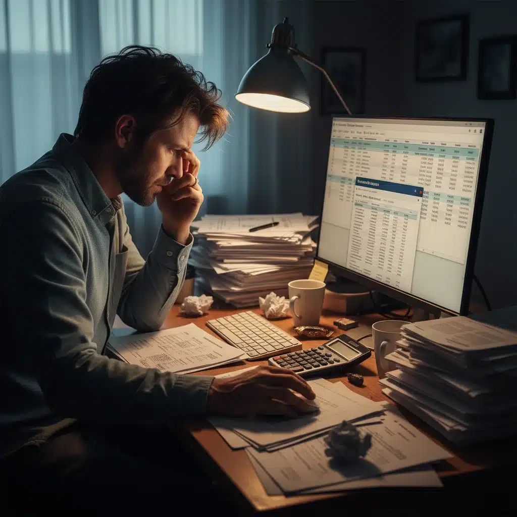 Persona estresada revisando documentos financieros y reporte de crédito para su hipoteca.