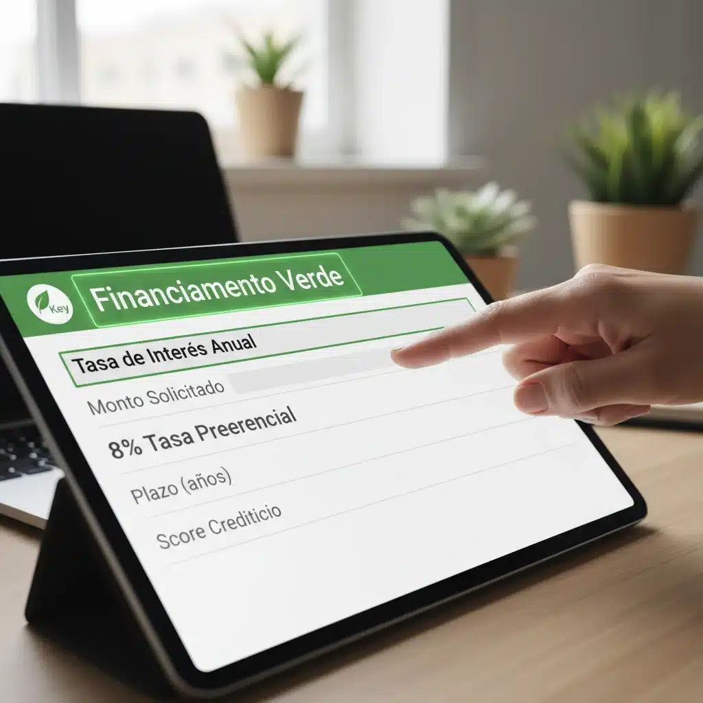 Documento de solicitud de financiamiento verde con tasa preferencial del 8% destacada.