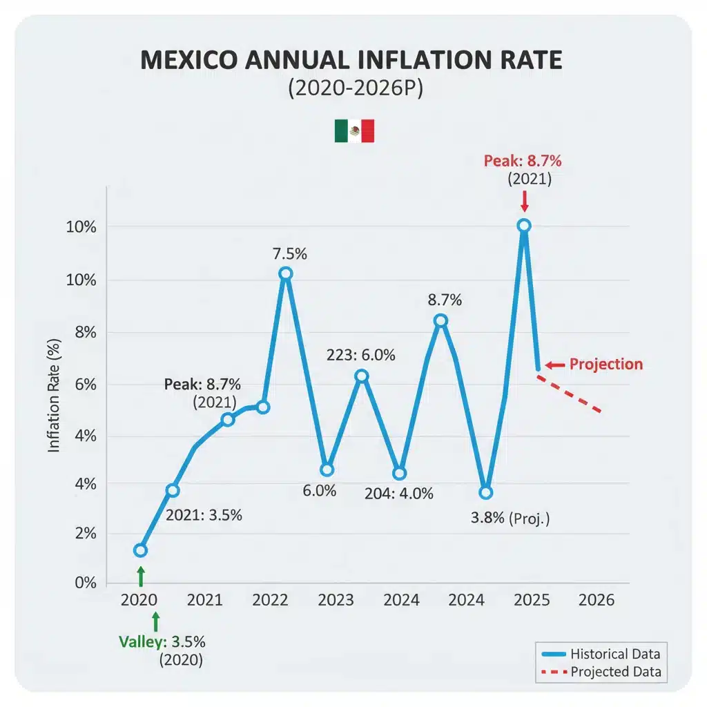 Gráfico de tasas de inflación históricas y proyectadas en México hasta 2026.